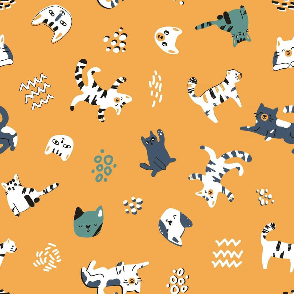 Cute Cat Pattern 桌布 壁紙 — 各種姿勢的俏皮卡通貓咪散落在帶有抽象塗鴉的溫暖橙色背景上。