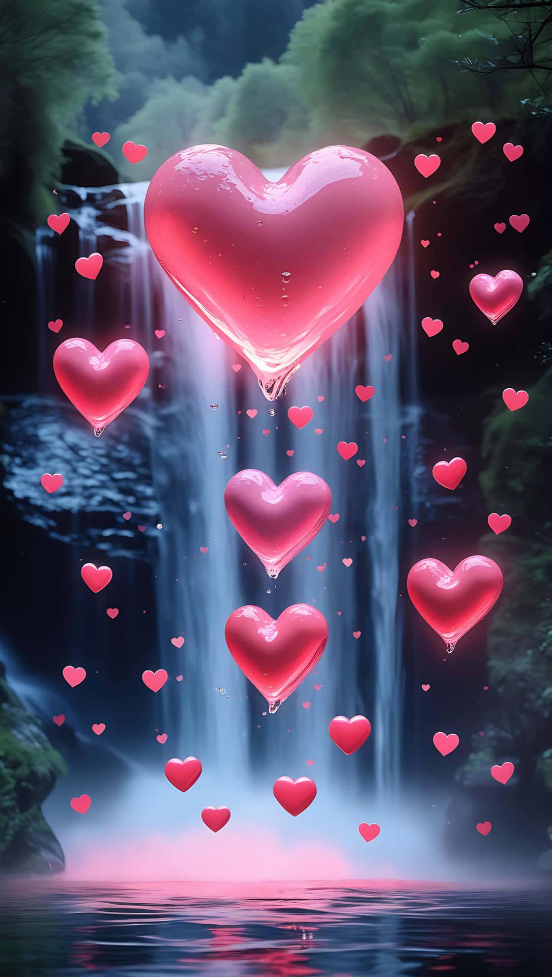 Floating Love Hearts Over Waterfall – Peaceful Romantic Wallpaper 壁紙 — 各種尺寸的光澤粉紅色心形在霧氣繚繞的瀑布前漂浮和滴落，周圍環繞著茂密的綠色植物。