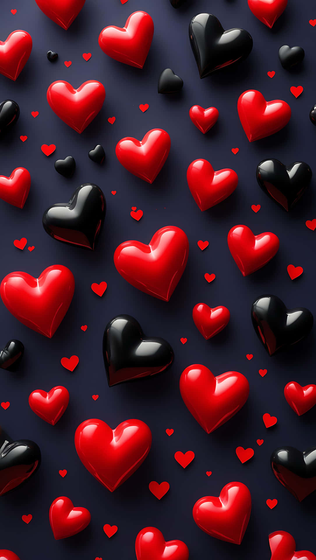 Black and Red Hearts – Elegant Valentine Aesthetic Wallpaper 壁紙 — 各種尺寸的光澤紅色和黑色心形在深海軍藍背景下漂浮，帶有柔和陰影。