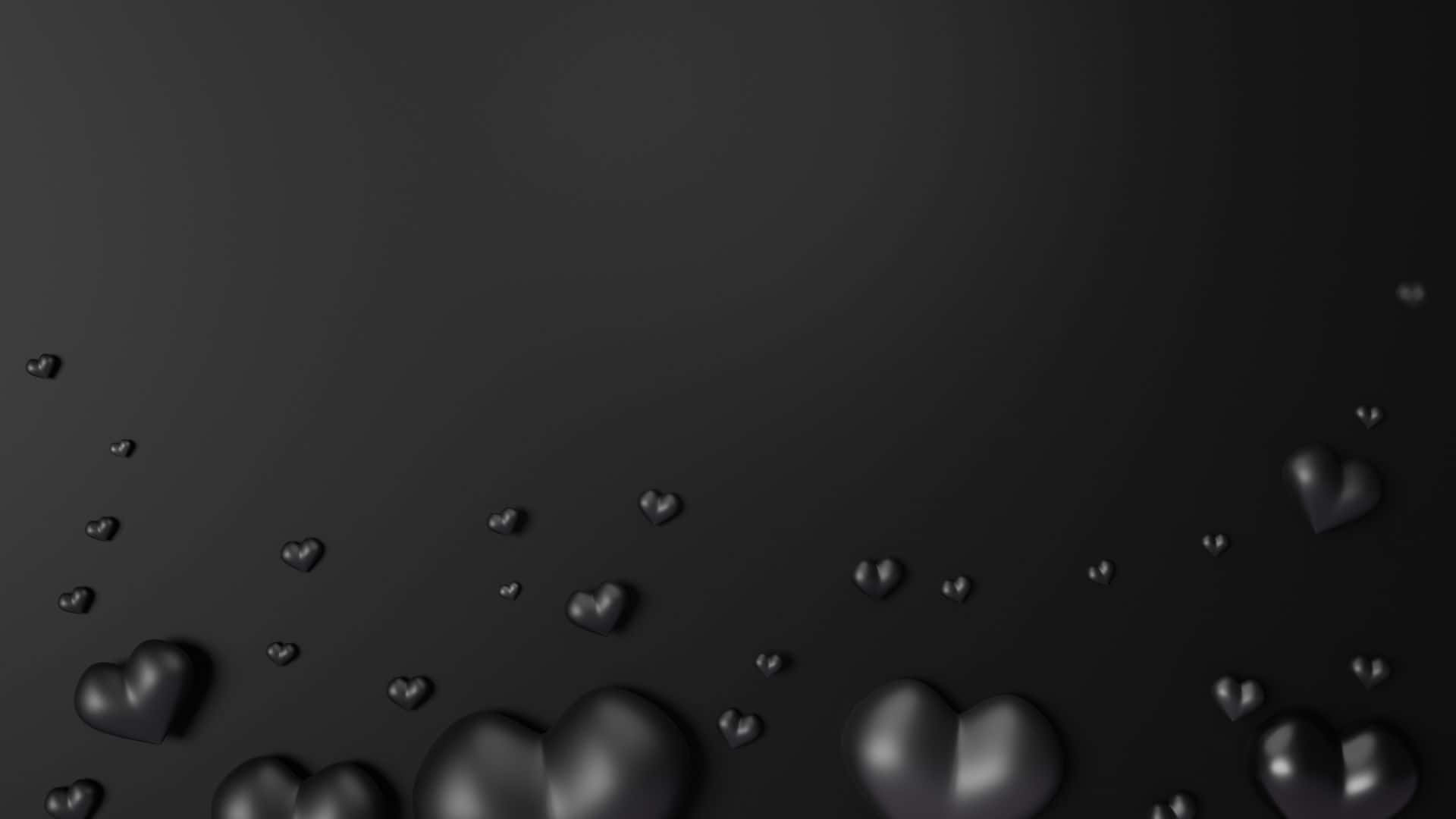 Black Hearts 桌布 壁紙 — 各種尺寸的光澤黑色心形在漸變深色背景上柔和漂浮。