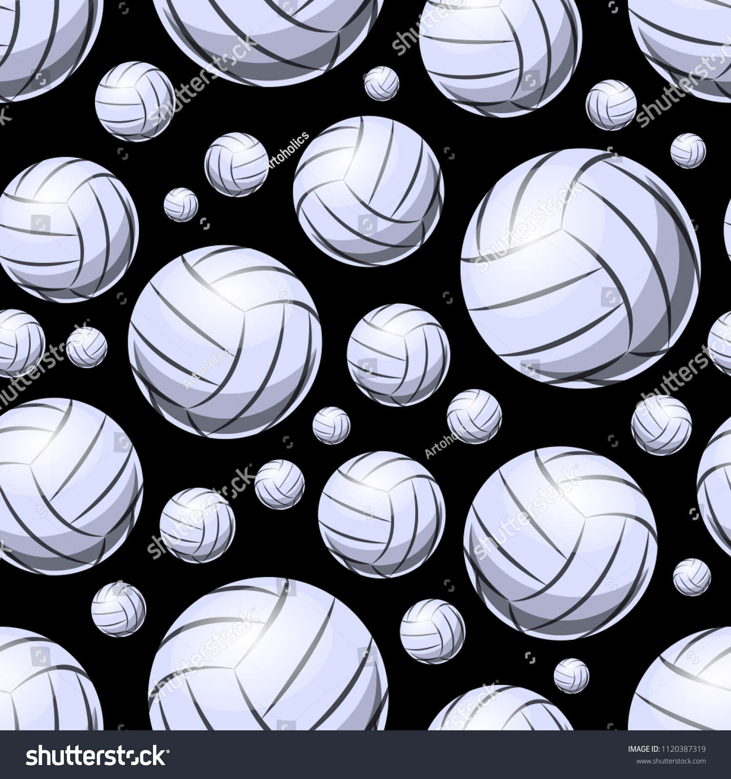 Volleyball Ball 桌布 壁紙 — 各種尺寸的白色排球在純黑背景上以重複圖案漂浮。