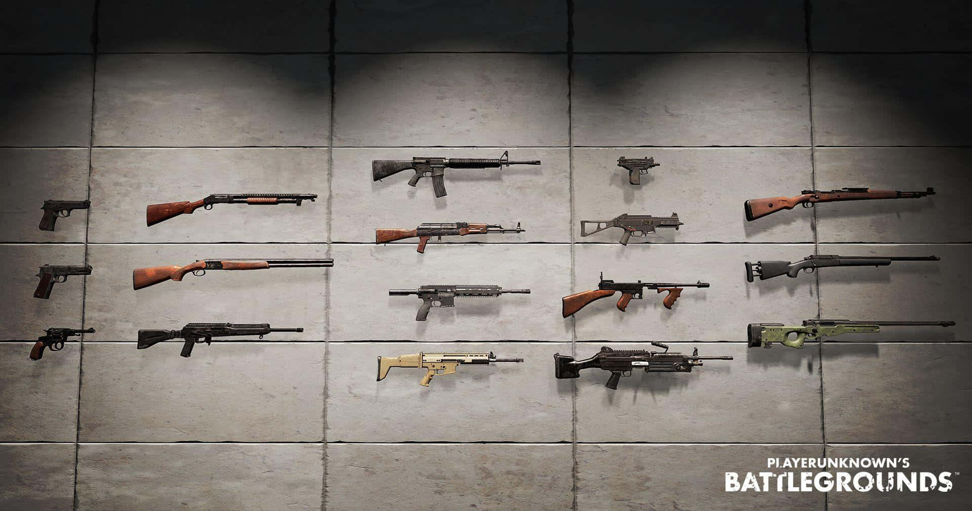 Pubg Guns 桌布 壁紙 — 各種槍械安裝在灰色瓷磚牆上，處於昏暗、粗糙的遊戲主題展示中。