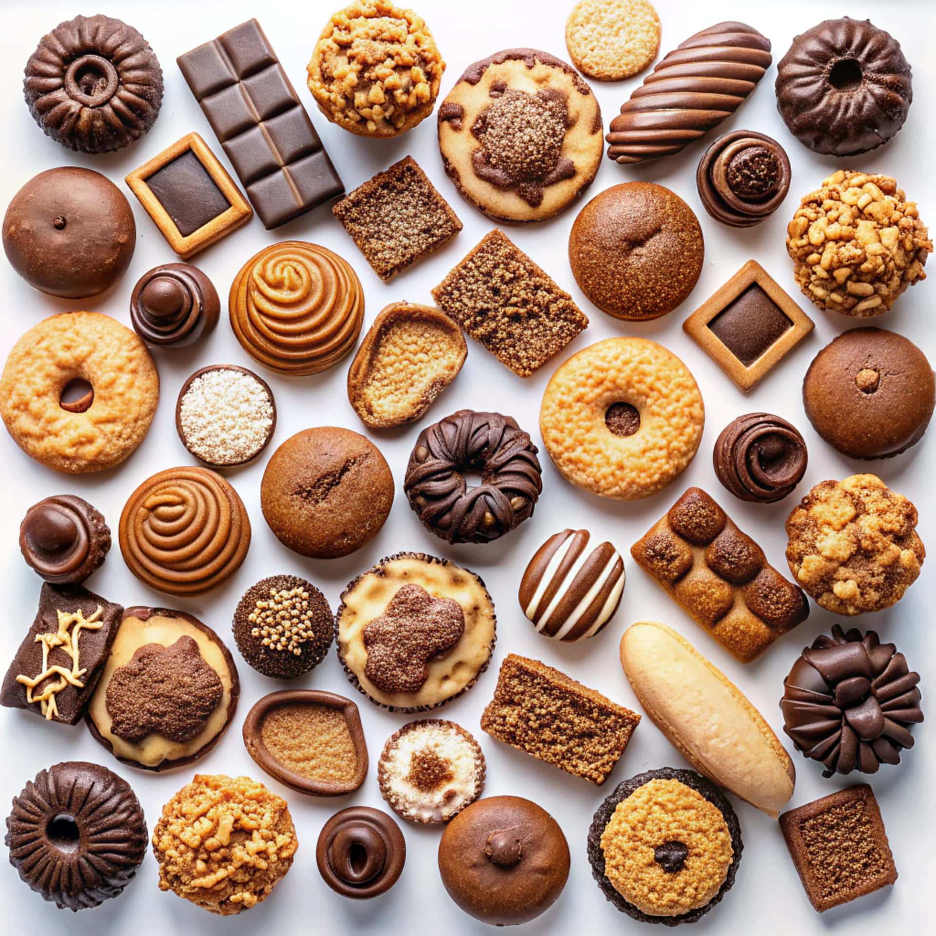 Sweet biscuits seen from above 壁紙 — 各種烘焙食品（包括巧克力條、餅乾、甜甜圈和糕點）以平鋪方式排列在白色表面上。