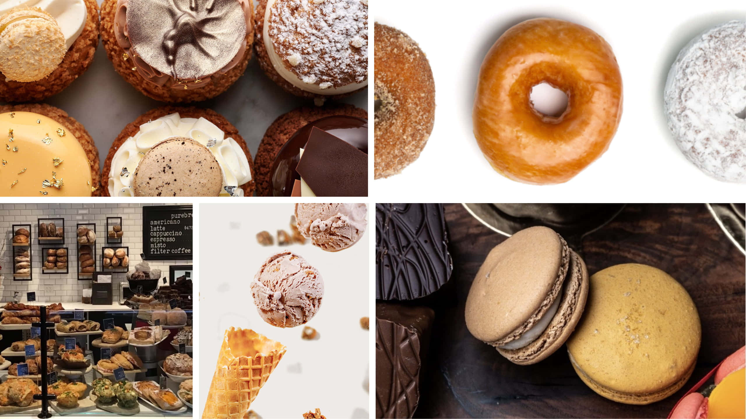 donuts 桌布 壁紙 — 各種糕點的拼貼畫，包括甜甜圈、馬卡龍和烘焙食品，為視覺吸引力而排列。