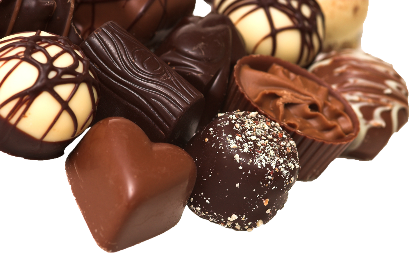Chocolate 桌布 壁紙 — 各種美食巧克力的特寫，帶有光澤的黑巧克力、牛奶巧克力和白巧克力塗層，淋上圖案並撒上堅果。