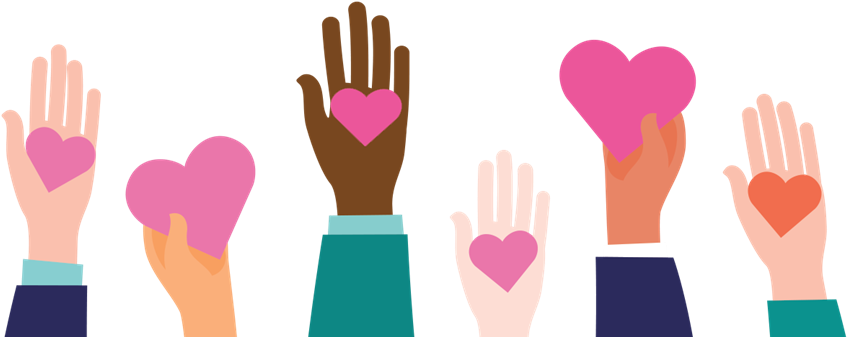 International Womens Day 桌布 壁紙 — 各種膚色的手在黑色背景上拿著或展示粉紅色的心形。