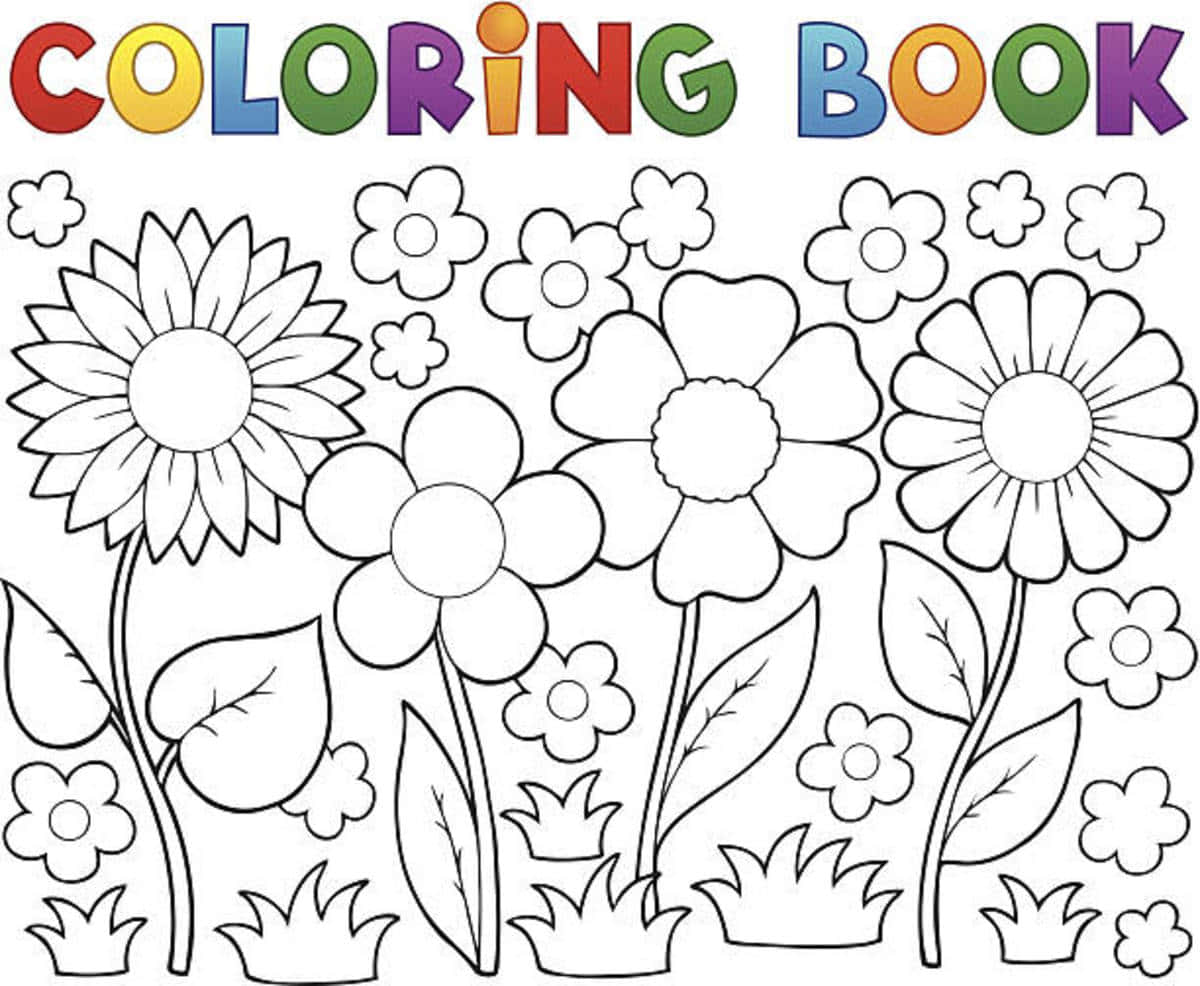 Flower Coloring 桌布 壁紙 — 各種花卉和葉子的黑白線條畫，頂部有彩虹色字母的 'COLORING BOOK'。