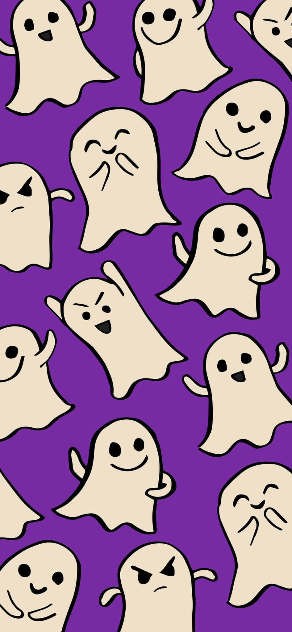 Halloween Phone 桌布 壁紙 — 各種表情的頑皮卡通鬼魂在充滿活力的紫色背景上以重複圖案漂浮。