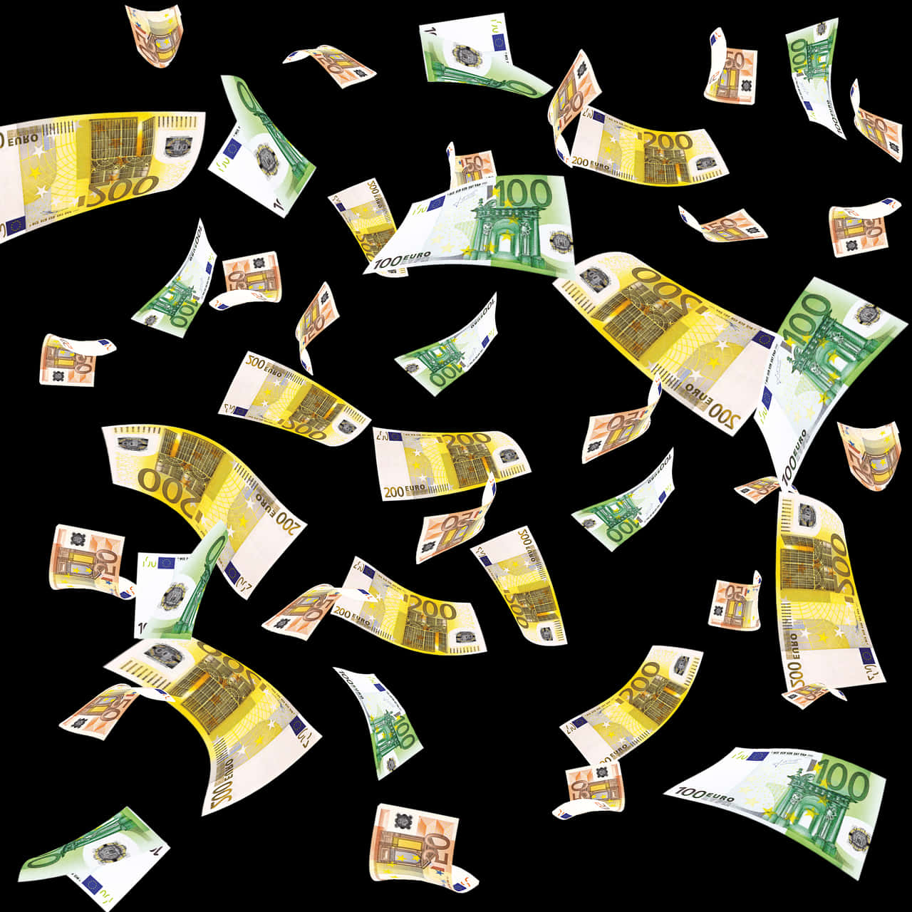 Money Flying 桌布 壁紙 — 各種面額的歐元鈔票在鮮明的黑色背景上動態漂浮。