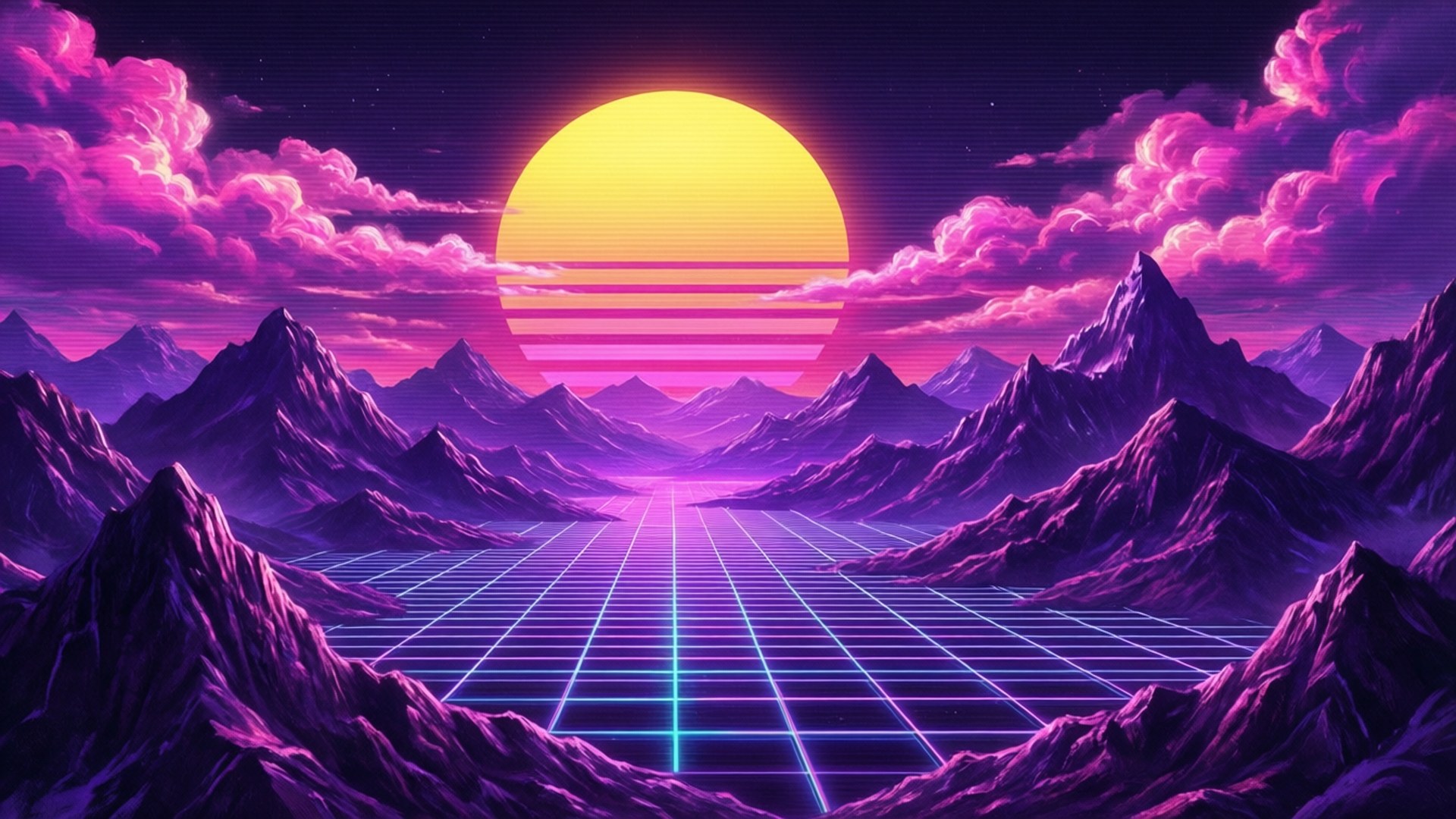 合成波山脈 壁紙 — 在充滿活力的粉紅色天空下，一個霓虹網格向著紫色山脈後方落下的發光太陽延伸。