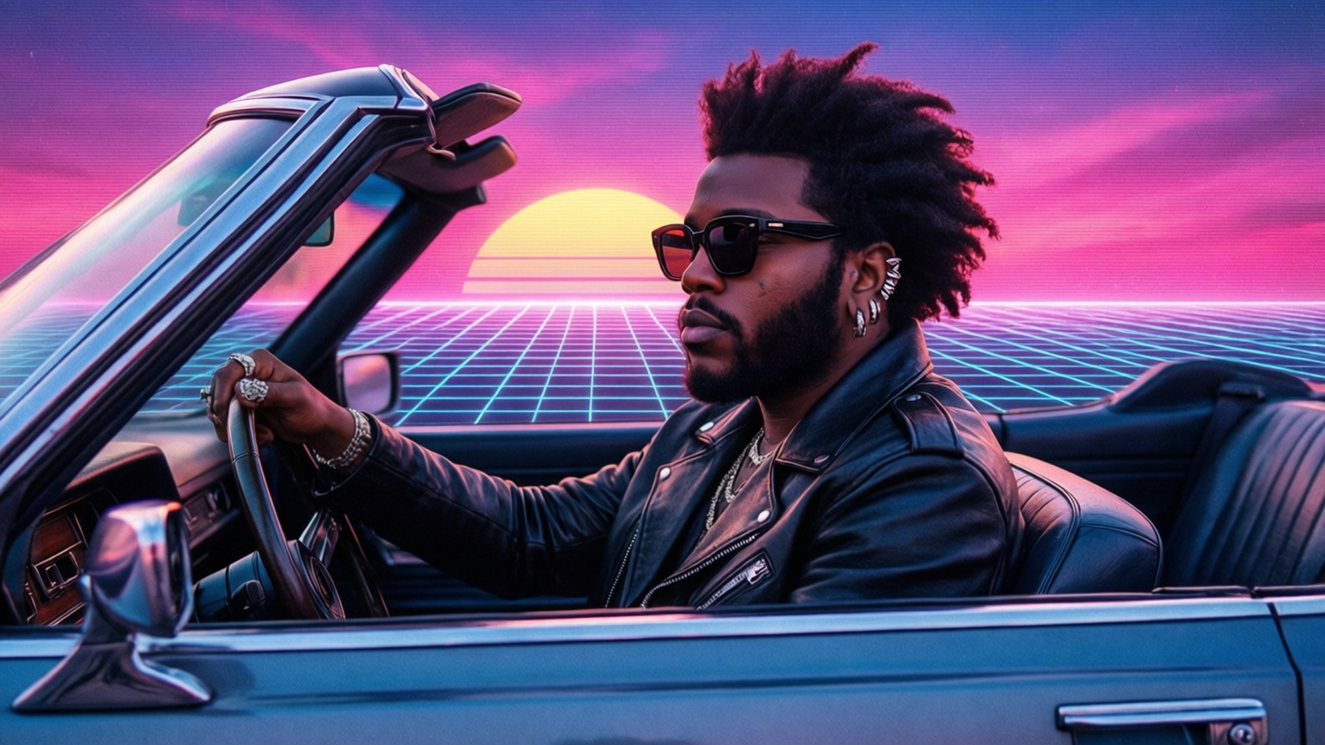 威肯（The Weeknd）置身於復古80年代合成波場景，搭配霓虹網格與夕陽。