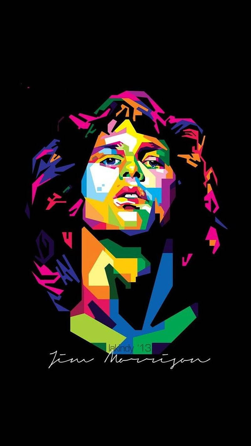 Morrison 桌布 壁紙 — 吉姆·莫里森的鮮明幾何肖像，帶有多色角形切面，襯托黑色背景。