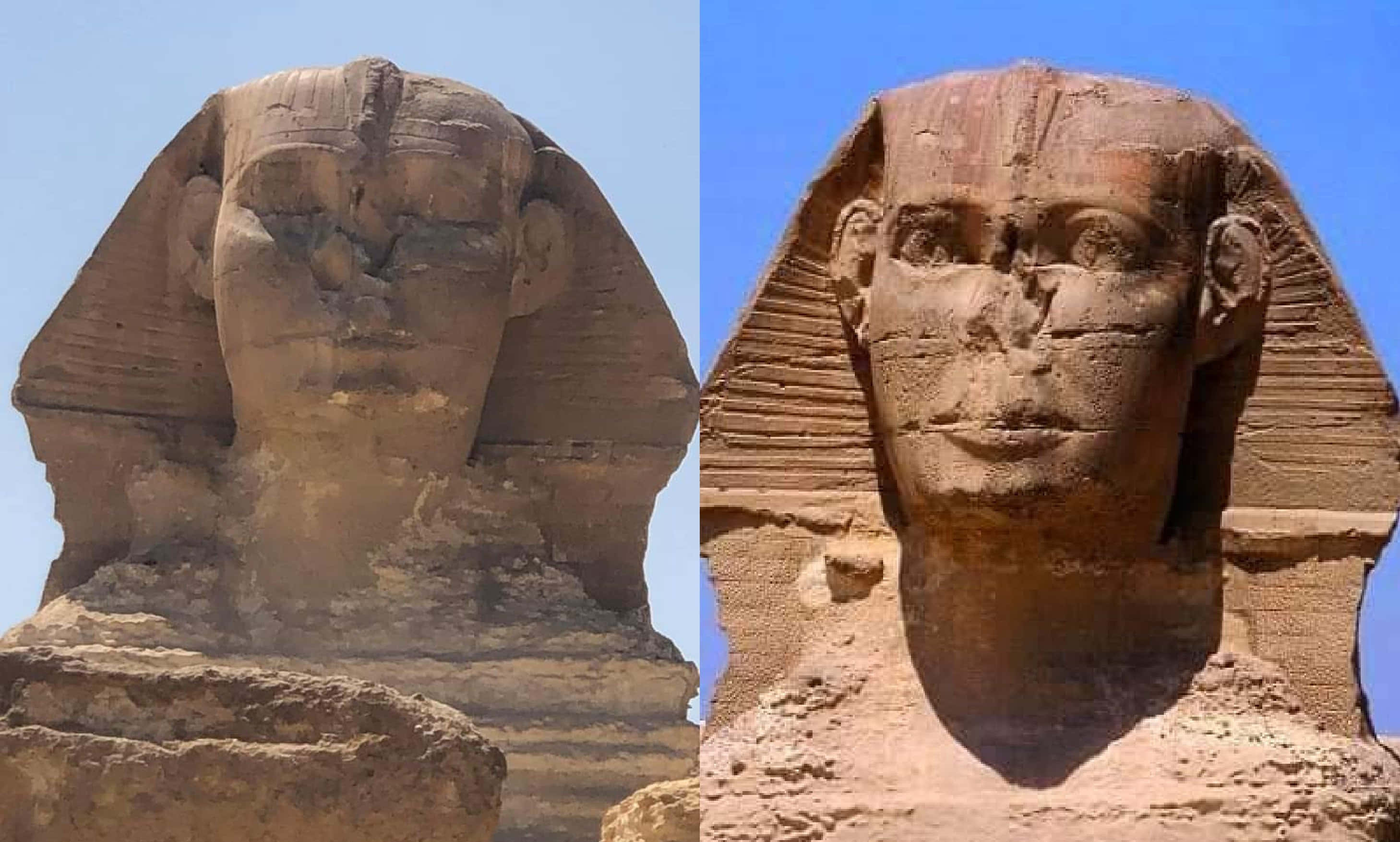 statue 桌布 壁紙 — 吉薩大獅身人面像的兩個視角，在晴朗藍天下顯示風化的石頭和沙漠環境。