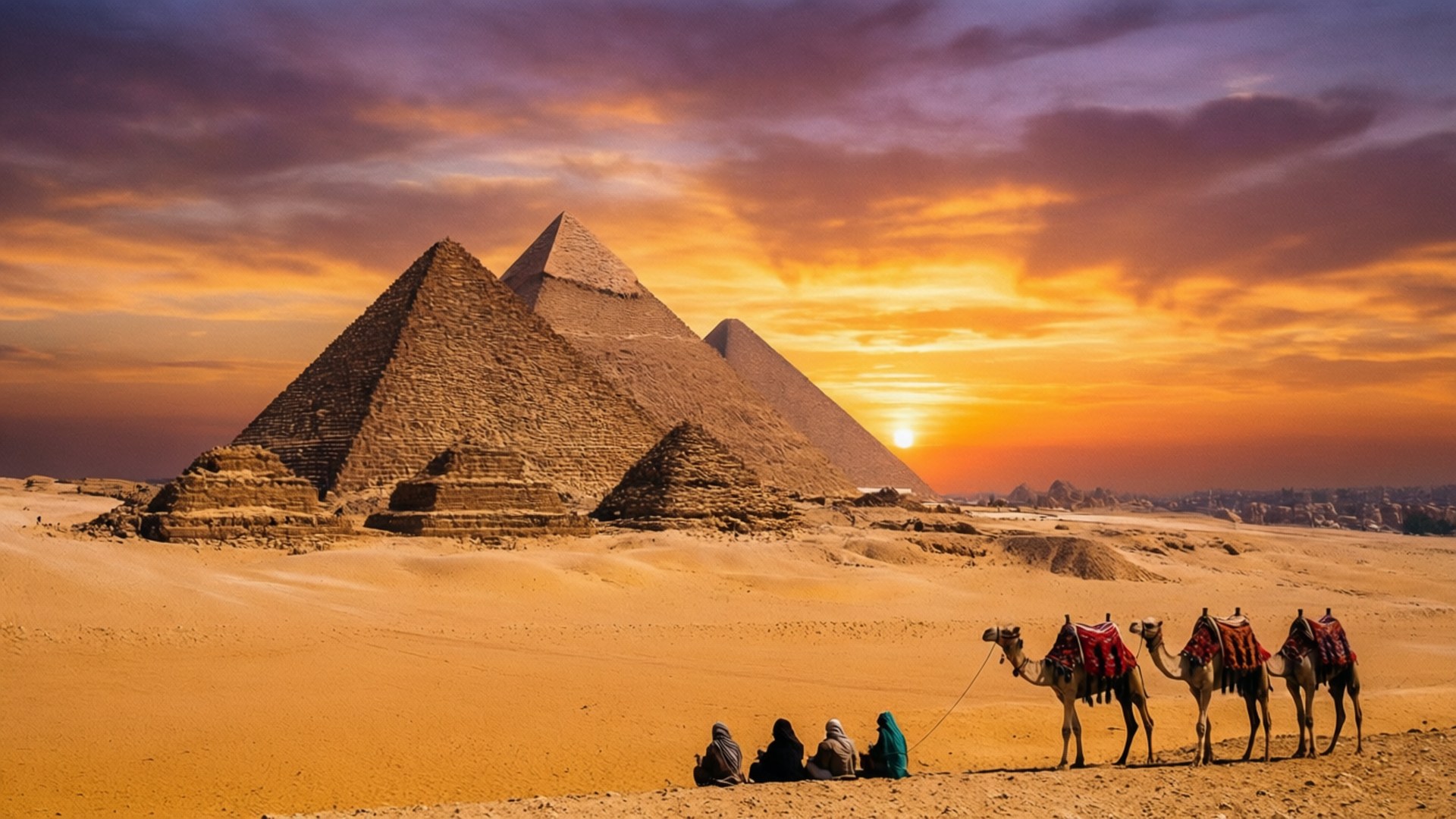 吉薩金字塔日落全景 壁紙 — 吉薩金字塔在熾熱的夕陽天空下雄偉地聳立，駱駝和旅行者在金色的沙漠沙地上休息。