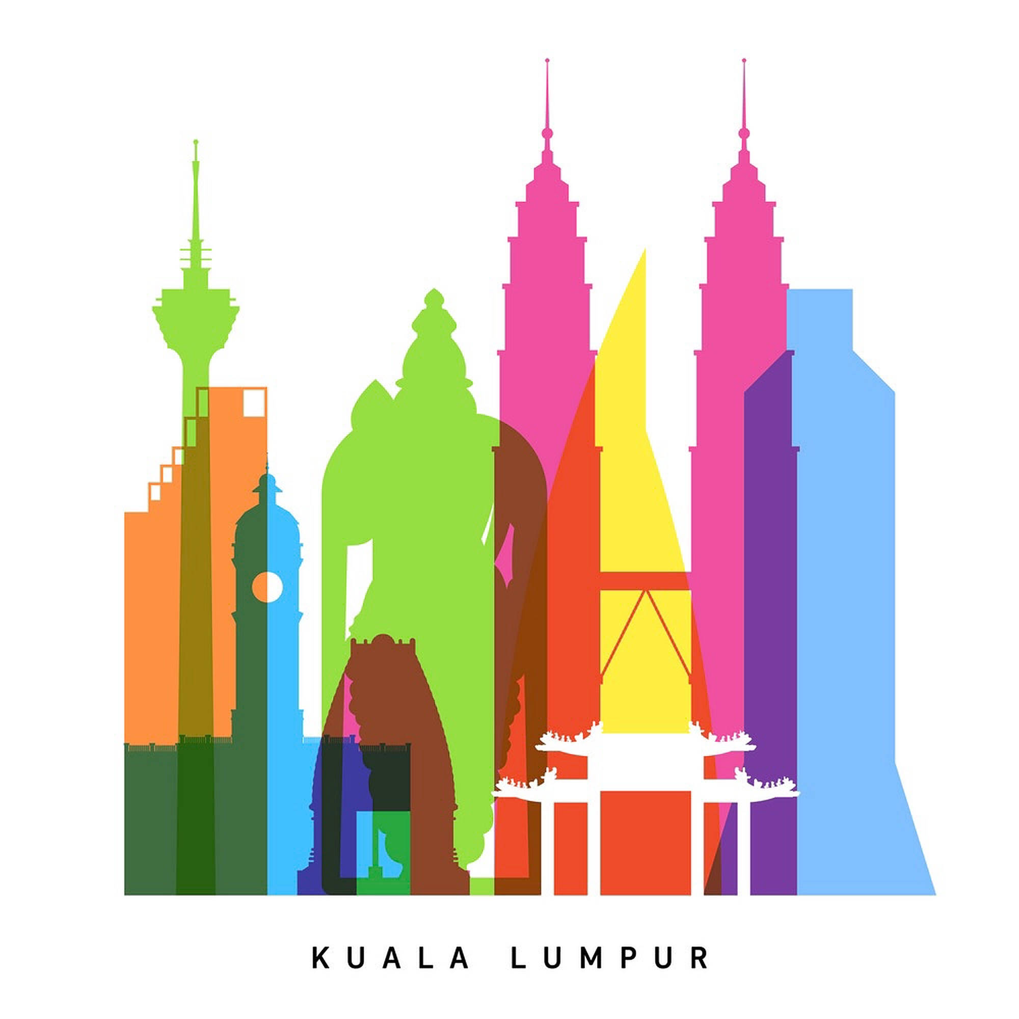 Kuala 桌布 壁紙 — 吉隆坡充滿活力的風格化天際線，以鮮豔彩虹色調的標誌性建築物在白色背景上呈現。