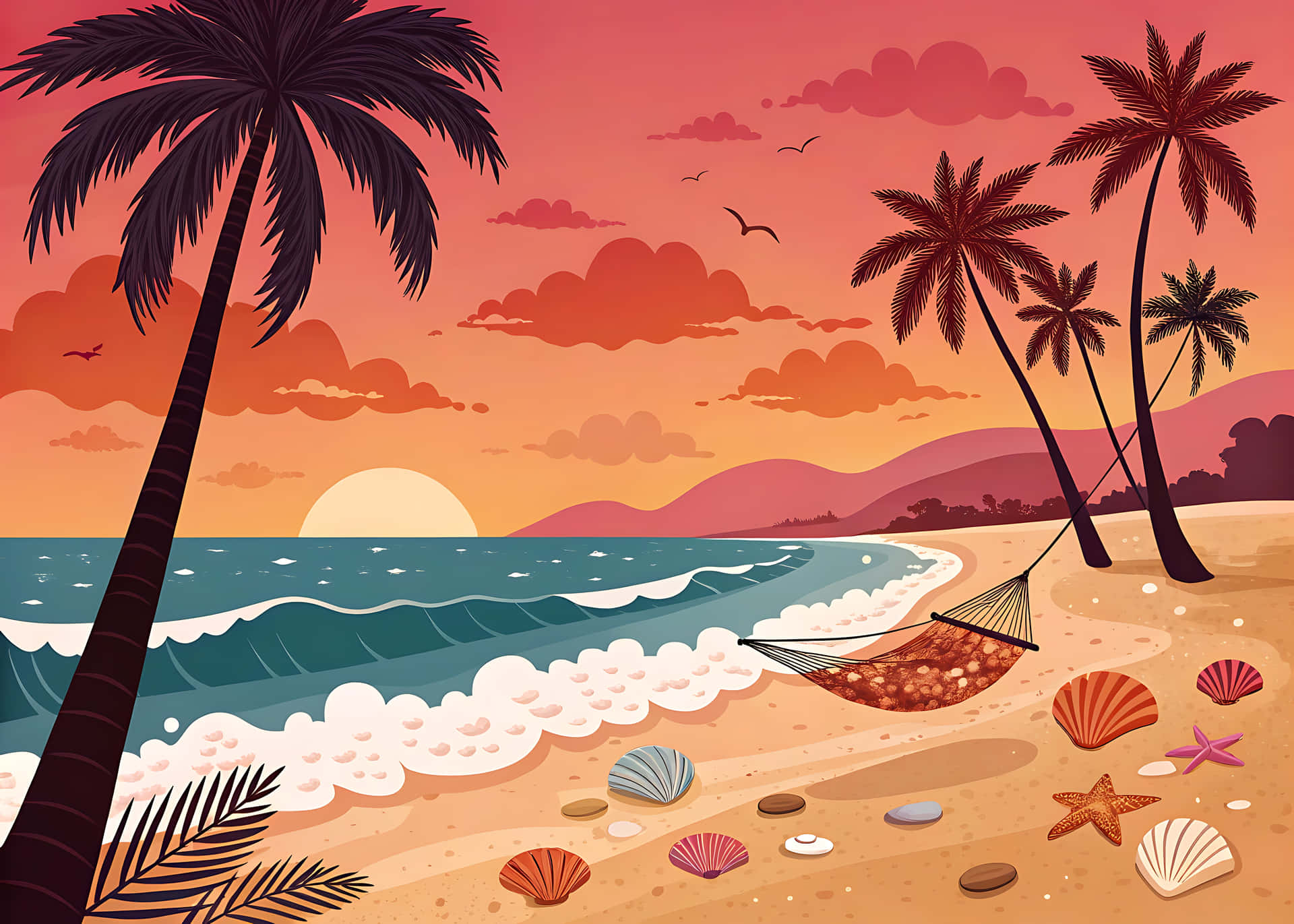 Tropical paradise beach with palm trees under a sunny sky 壁紙 — 吊床在日落時分的沙灘上，在棕櫚樹之間搖擺，附近有色彩繽紛的貝殼和拍岸的波浪。