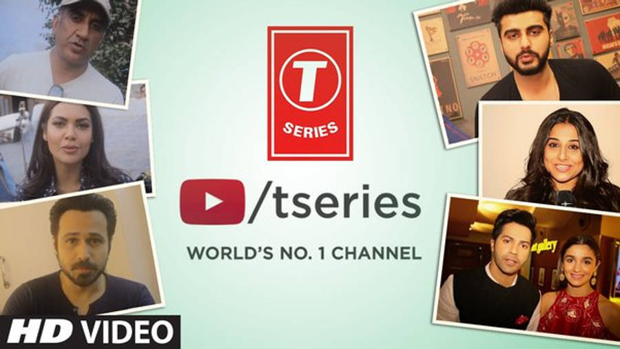 音樂 桌布 壁紙 — 名人照片拼貼圍繞著淺青色背景上的T-Series YouTube標誌。