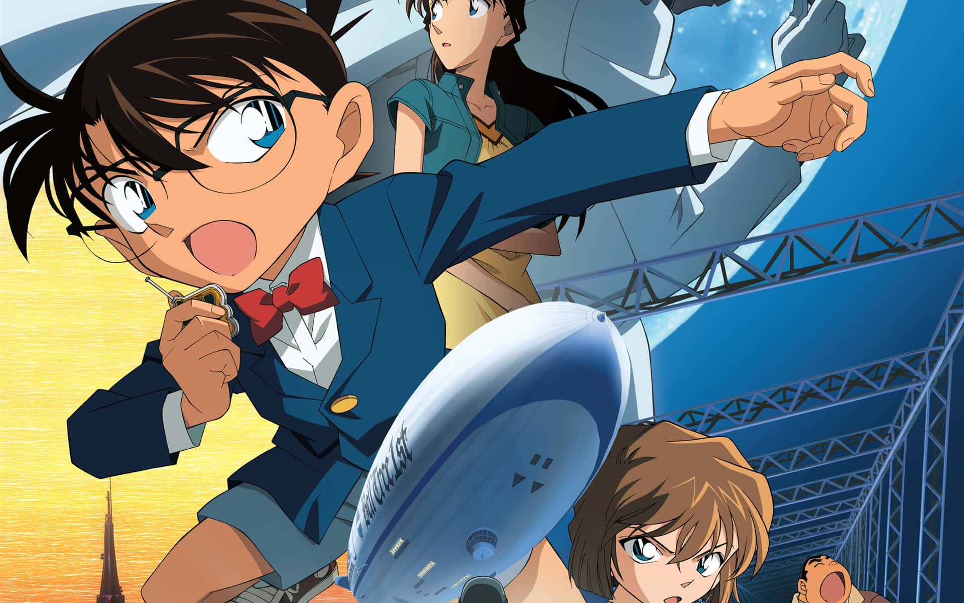 Detective Conan 桌布 壁紙 — 名偵探柯南和朋友們在夕陽城市景觀中，以飛船和艾菲爾鐵塔為背景，擺出動態動畫動作姿勢。