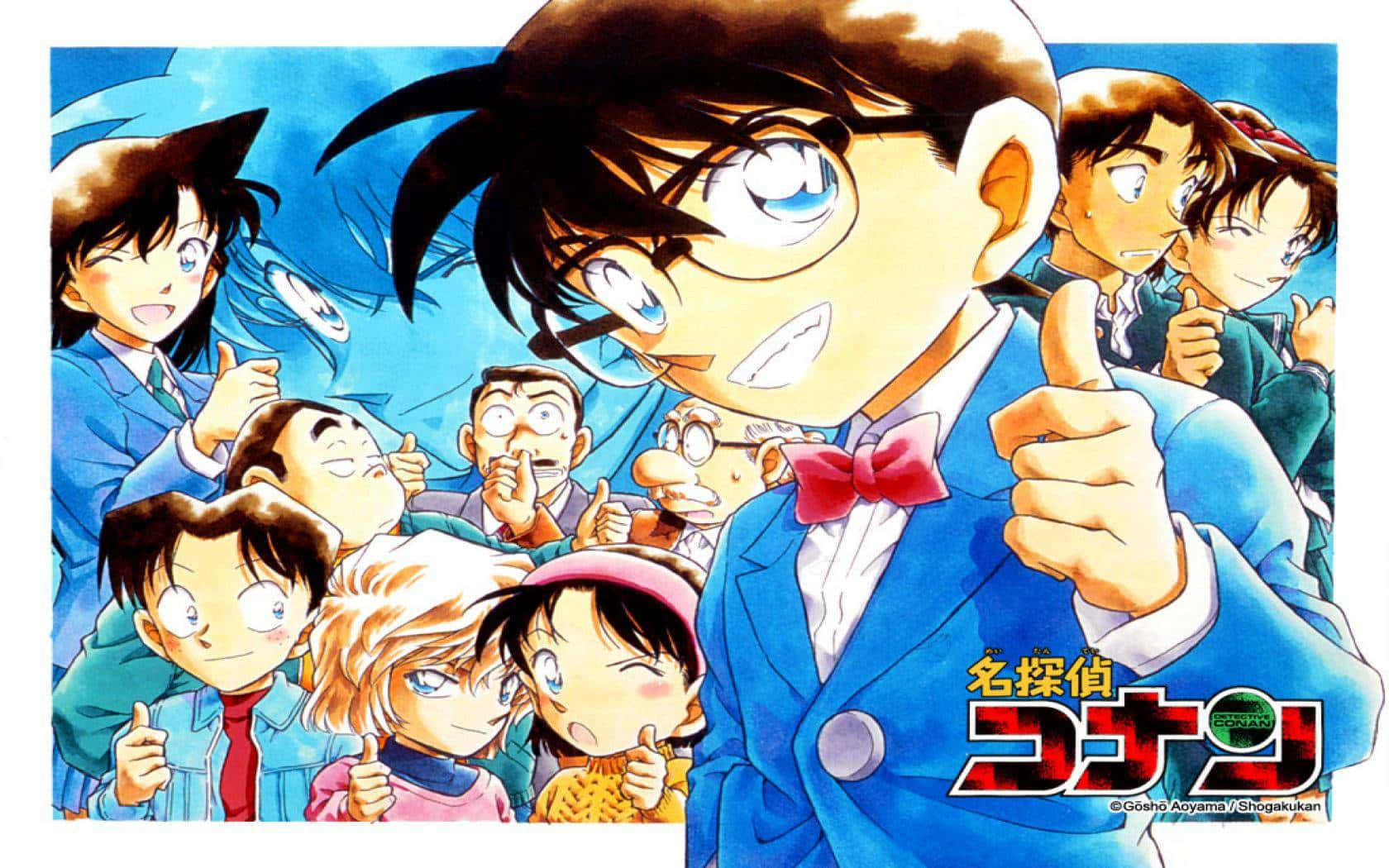 Detective Conan 桌布 壁紙 — 名偵探柯南自信地豎起大拇指，被朋友和盟友包圍在充滿活力的動漫插圖中。