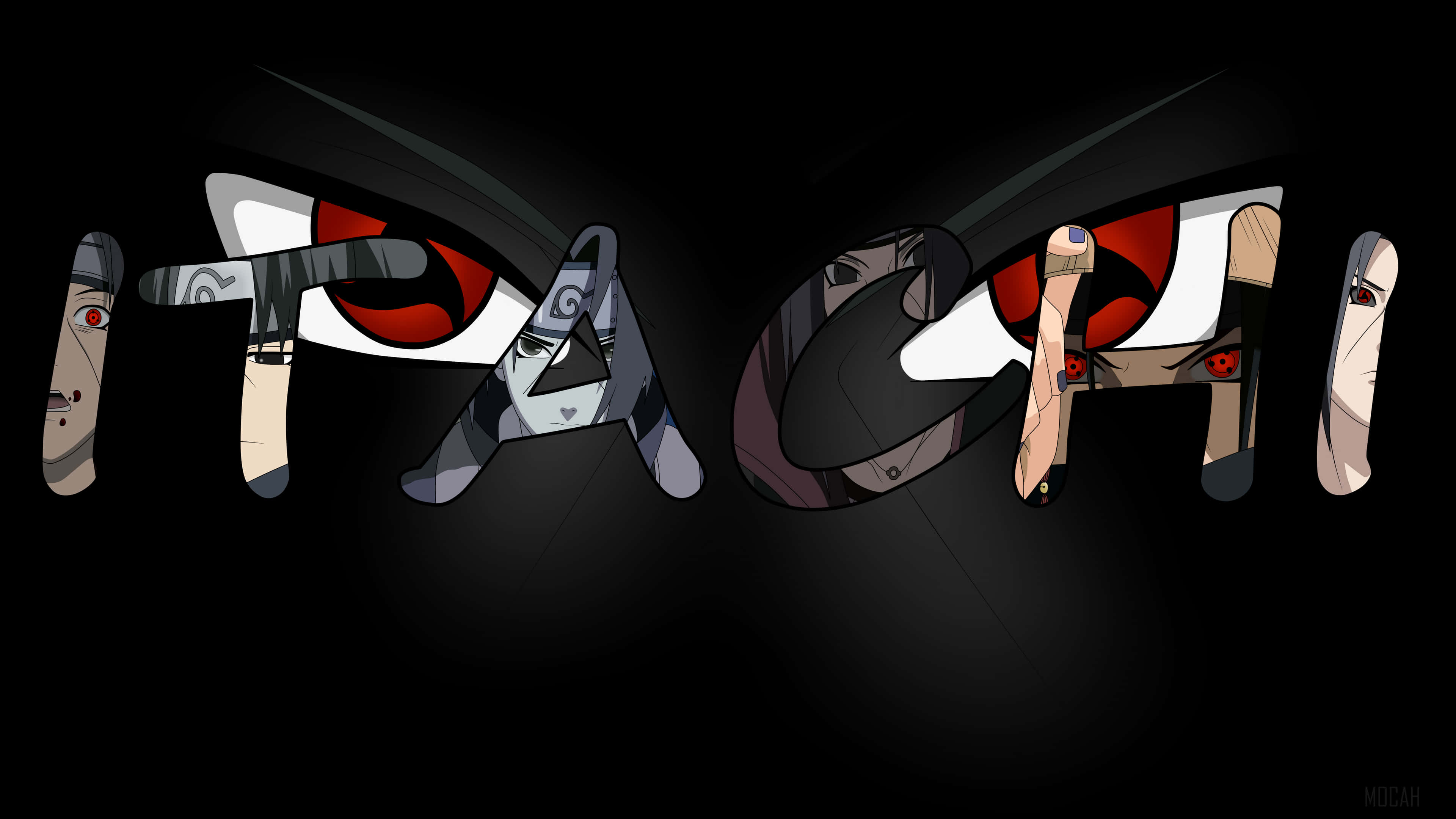 Uchiha Clan 桌布 壁紙 — 名字「鼬」由風格化的動漫眼睛組成，帶有紅色巴紋和黑色鞏膜，背景為深色。