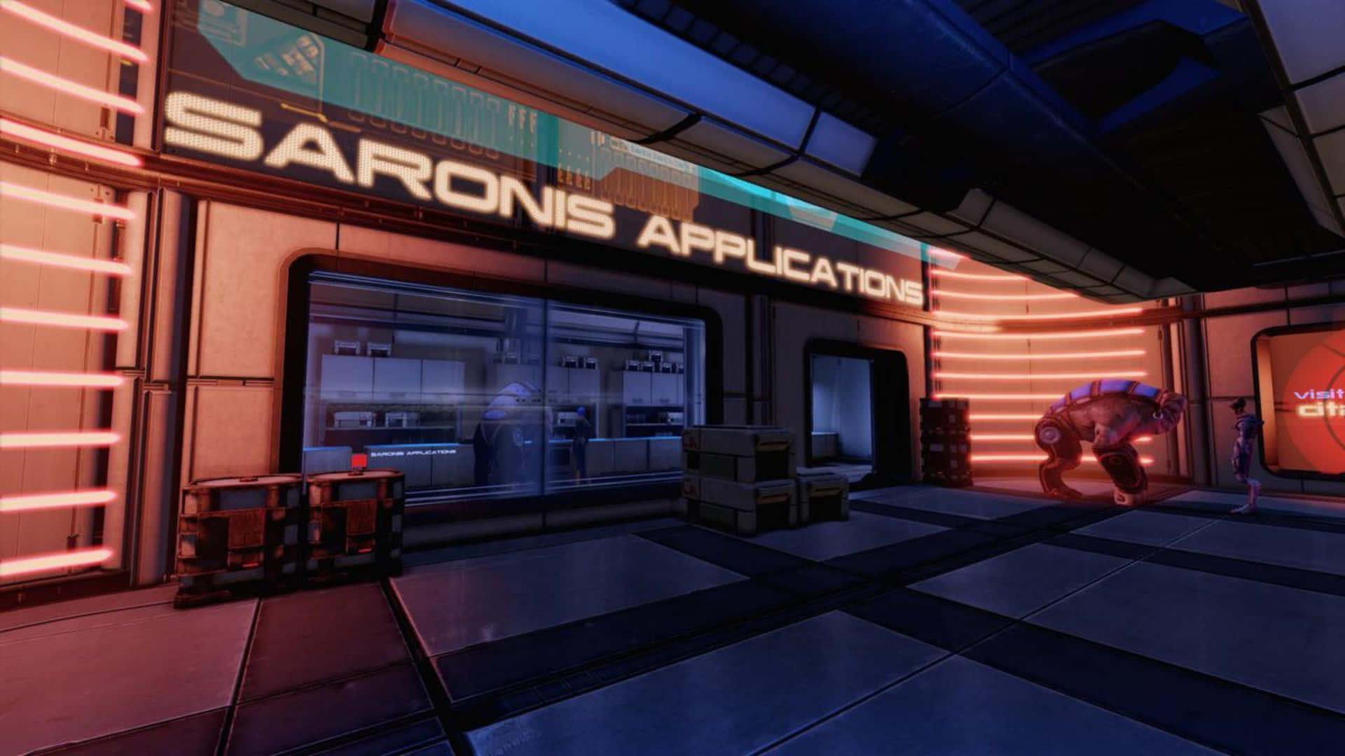 Mass Effect Citadel 桌布 壁紙 — 名為 Saronis Applications 的未來風格霓虹燈店鋪門面，帶有發光的橙色和藍色燈光，前景有一個機器人形象。