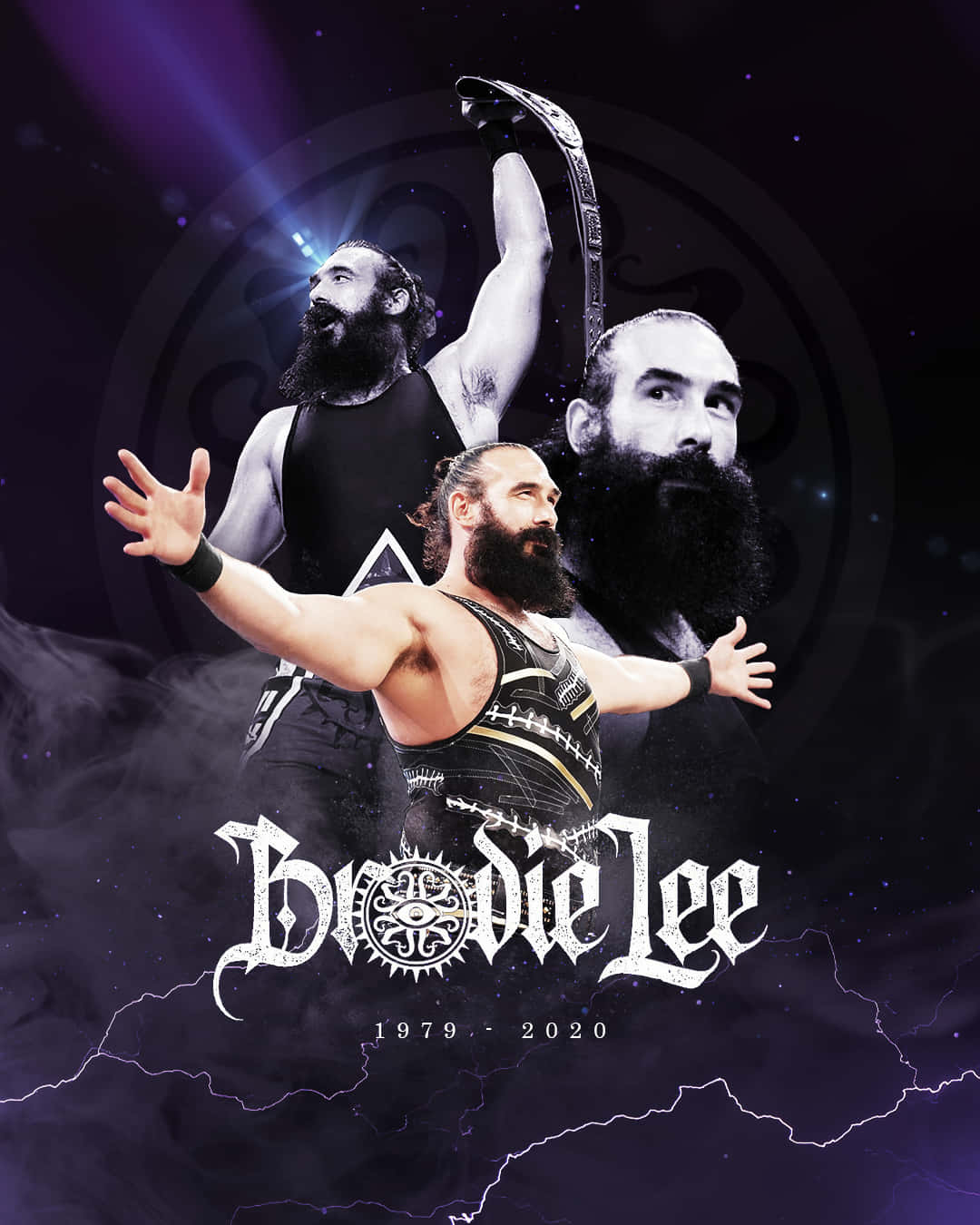 手機 桌布 壁紙 — 向 Brodie Lee 致敬的海報，以三個動態姿勢為特色，背景是帶有閃電和星星的宇宙紫色。