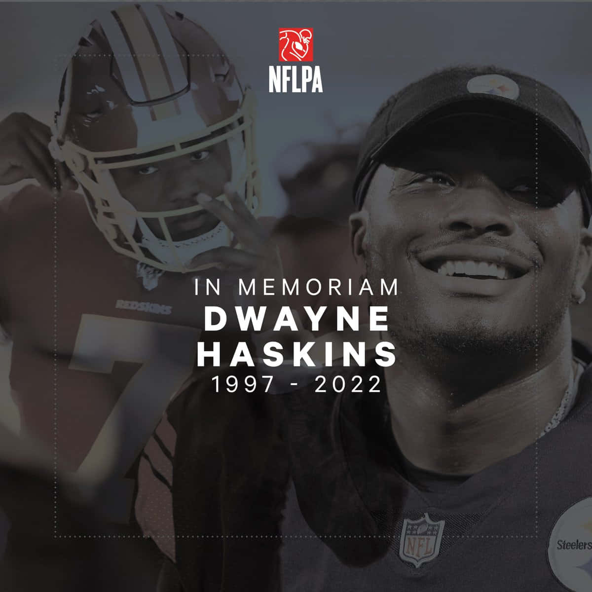 Dwayne Haskins 桌布 壁紙 — 向 Dwayne Haskins 致敬的紀念作品，展示了他微笑的臉龐和帶有 NFLPA 文字疊加的足球頭盔。
