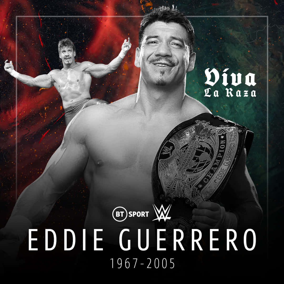 摔角 桌布 壁紙 — 向 Eddie Guerrero 致敬的肖像，他手持 WWE 冠軍腰帶，身後是動態黑白動作照，背景為火紅與深綠的宇宙風格。