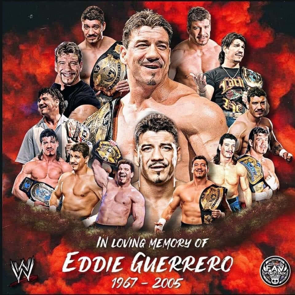 Wrestling 桌布 壁紙 — 向 Eddie Guerrero 致敬的拼貼畫，展示他各種摔角姿勢，手持冠軍腰帶，背景為火紅色。