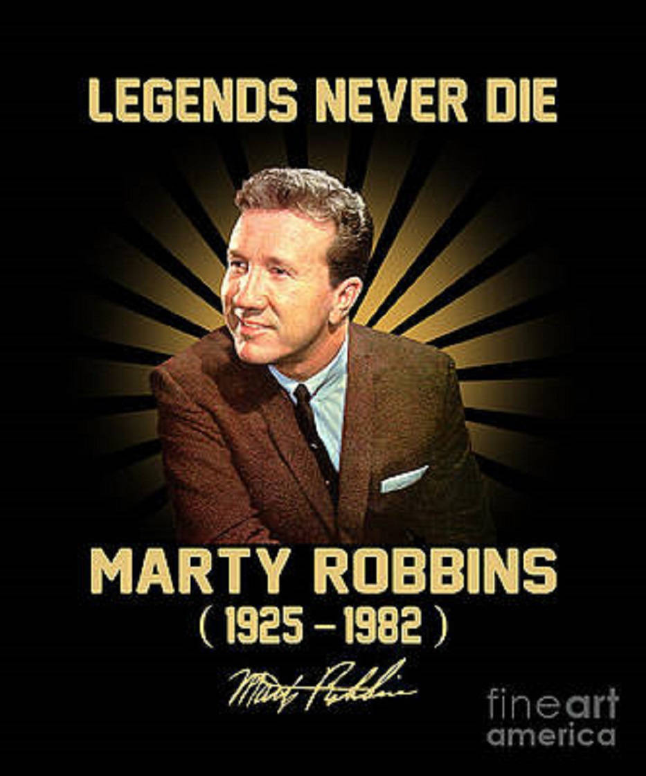 音樂 桌布 壁紙 — 向 Marty Robbins 致敬的肖像，金色文字和放射光束，黑色背景。