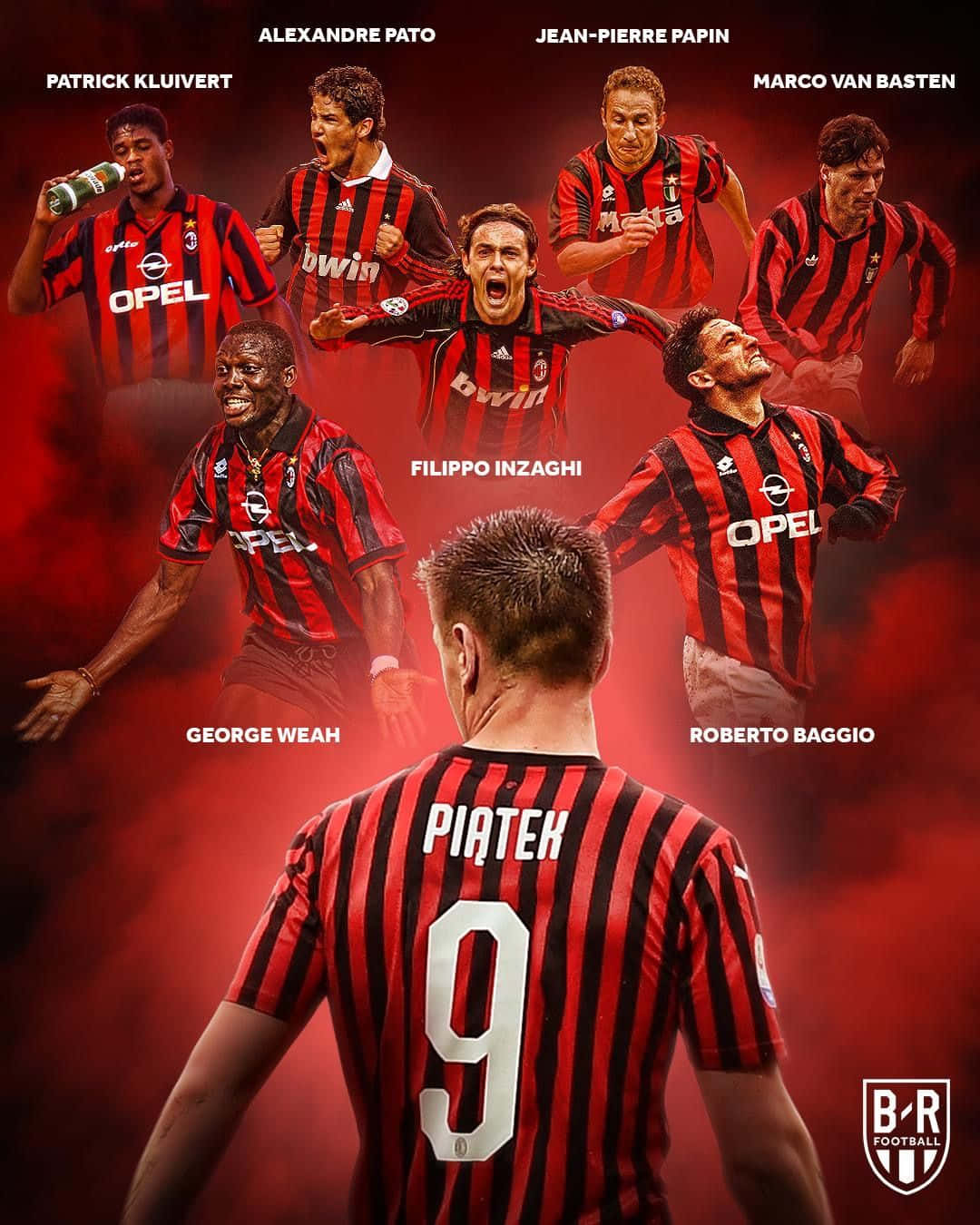 Ac Milan 桌布 壁紙 — 向AC米蘭傳奇致敬的拼貼畫，身穿紅黑條紋球衣，比亞特克在前景。