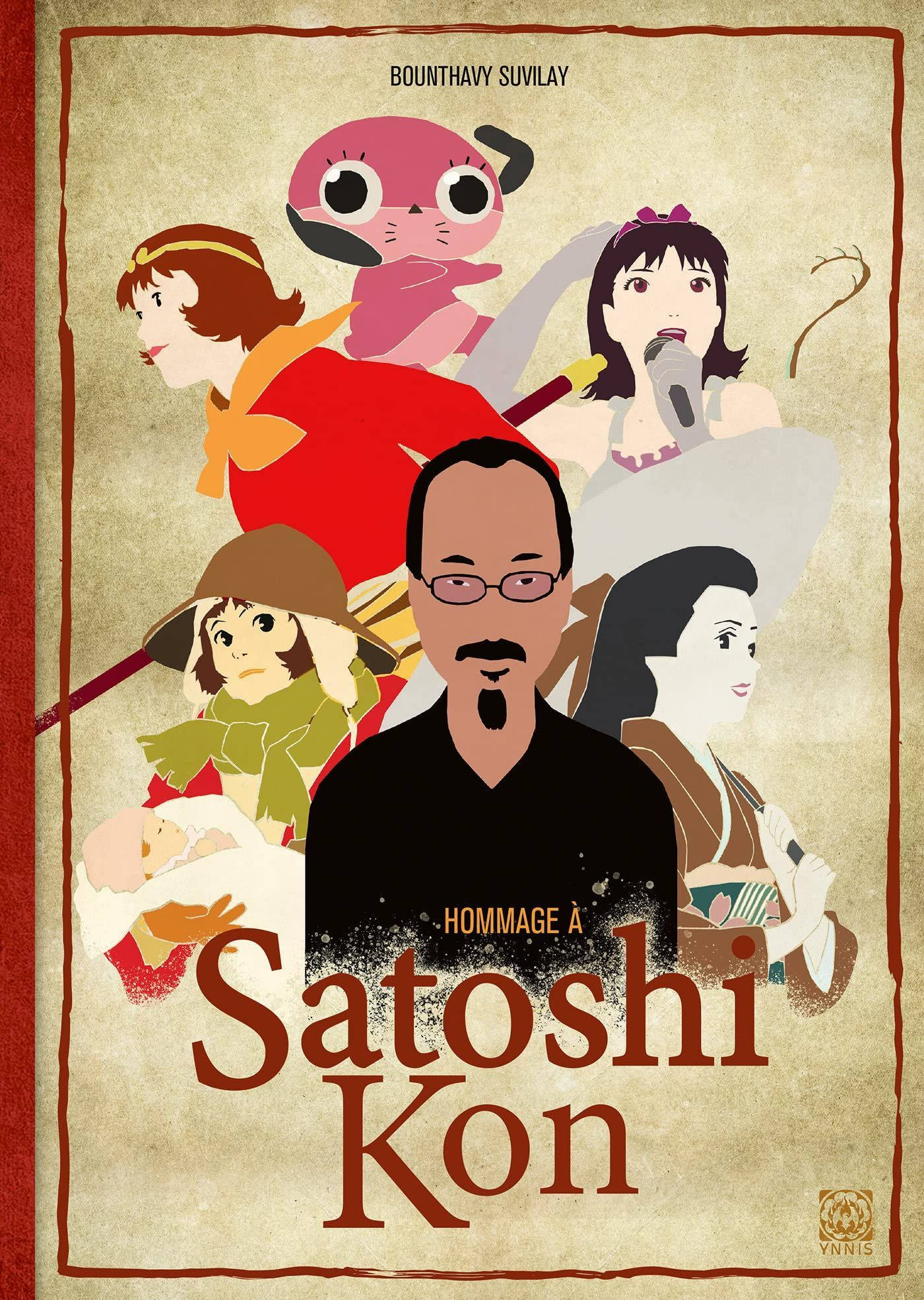 satoshi kon 桌布 壁紙 — 向今敏致敬的海報，以復古插畫風格的風格化動漫角色為特色，背景為紋理米色。