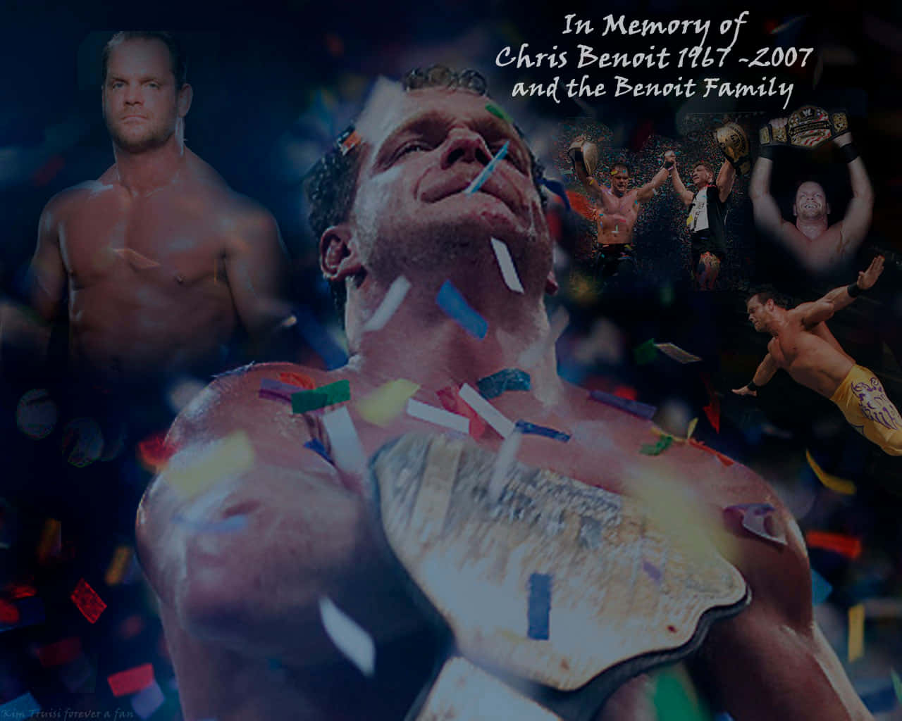 graphic design 桌布 壁紙 — 向摔角手 Chris Benoit 致敬的拼貼畫，展示了他的勝利時刻以及在飄落的五彩紙屑中的莊嚴悼念文字。