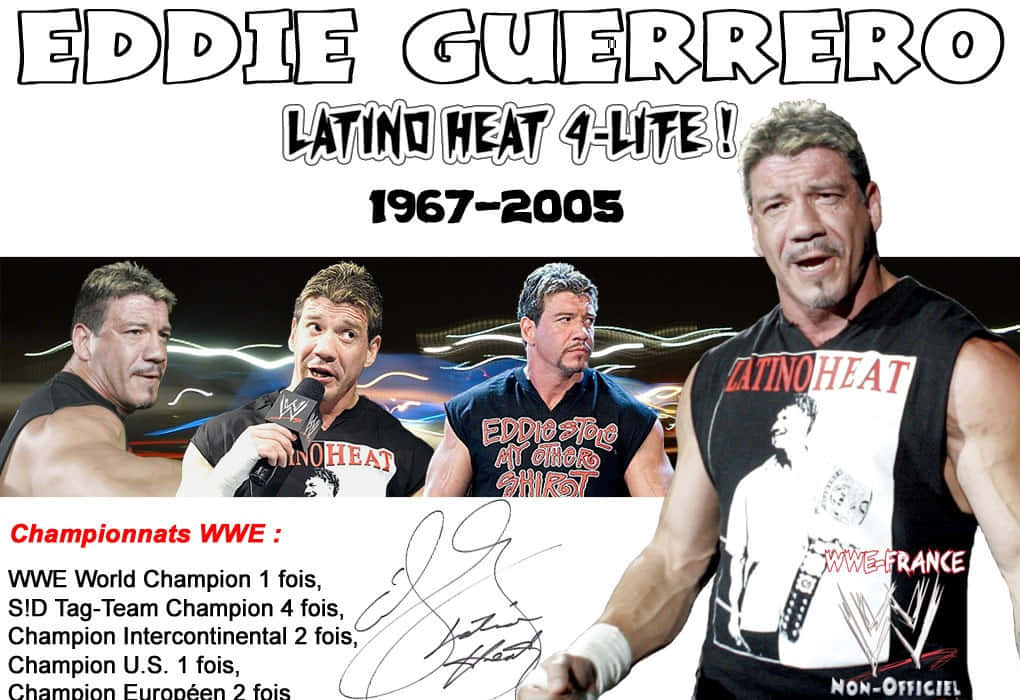 摔角 桌布 壁紙 — 向摔角手 Eddie Guerrero 致敬的拼貼畫，展示四個姿勢，配有粗體文字和冠軍統計數據，背景為動態電光效果。