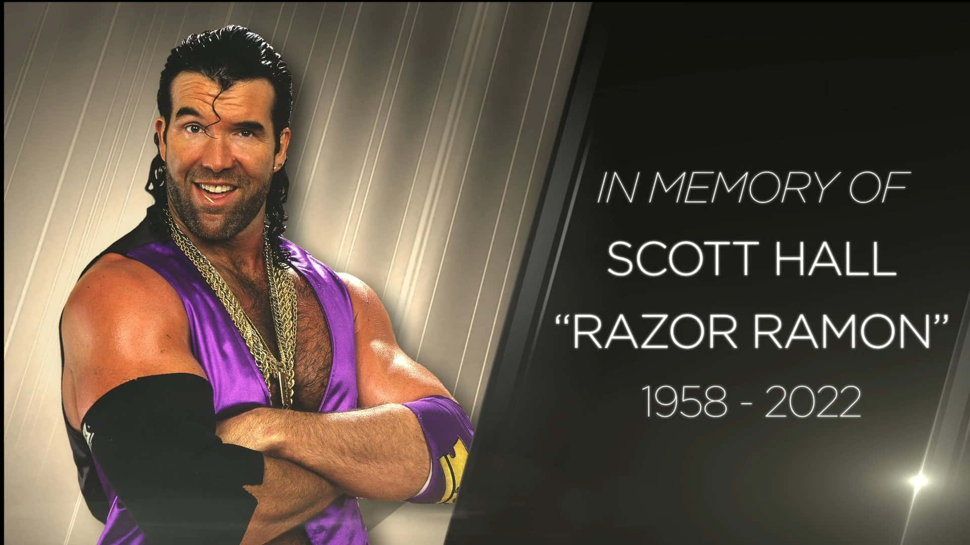 WWE 桌布 壁紙 — 向摔角手 Scott Hall 'Razor Ramon' 致敬的肖像，他身穿標誌性紫色服裝，雙臂交叉，背景為金屬質感。