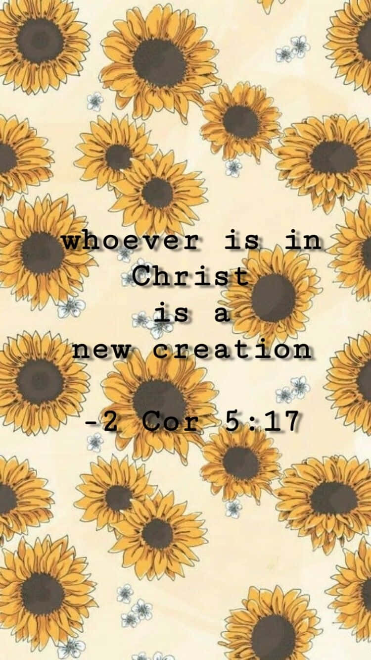 Sunflower Quotes 桌布 壁紙 — 向日葵和小藍花在奶油色背景上重複，中間有黑色文字的聖經經文。