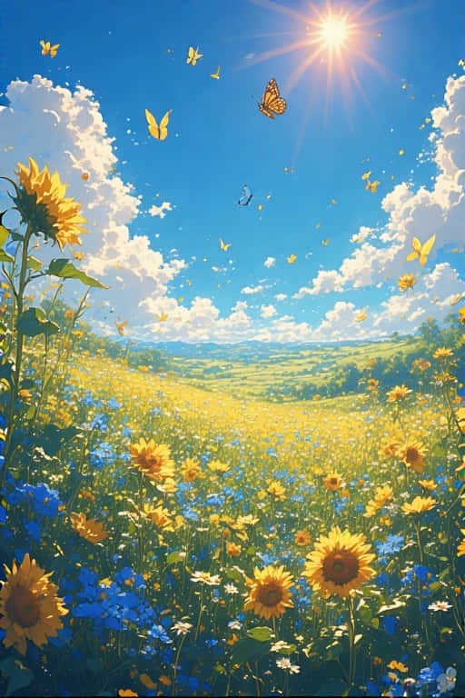 Aesthetic Summer Wildflower Field 壁紙 — 向日葵和藍鈴花在明亮的陽光下盛開，蝴蝶在蓬鬆的白雲間翩翩起舞。
