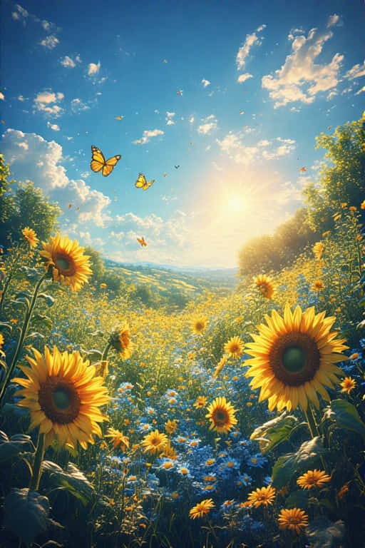 Aesthetic Summer Wildflower Field 壁紙 — 向日葵和藍鈴花在陽光明媚的草地上盛開，藍天白雲，蝴蝶翩翩起舞。