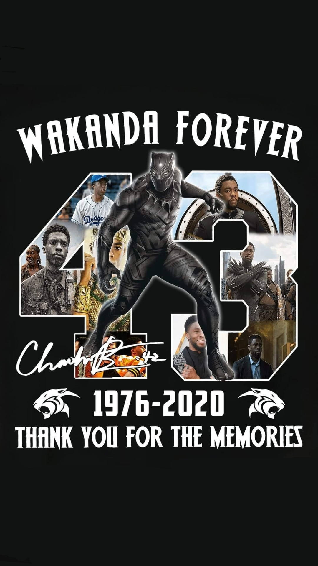 Wakanda 桌布 壁紙 — 向查德維克·博斯曼致敬的拼貼畫，以黑豹和他的電影場景為特色，背景為黑色。