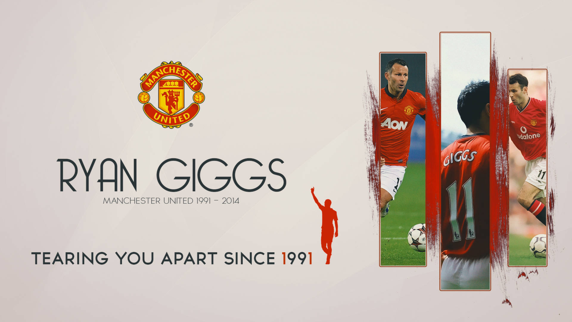 Ryan Giggs 桌布 壁紙 — 向瑞恩·吉格斯致敬的桌布，展示他在曼聯的職業生涯，附有照片和標誌，背景為潔淨的白色。