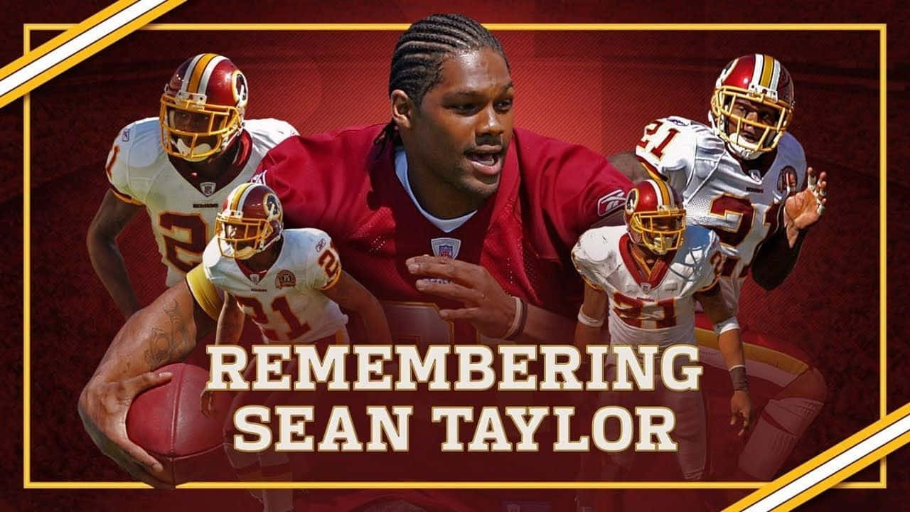 Sean Taylor 桌布 壁紙 — 向肖恩·泰勒致敬的圖像，包含他的肖像以及多張他身穿華盛頓紅皮隊橄欖球裝備的動作照片。