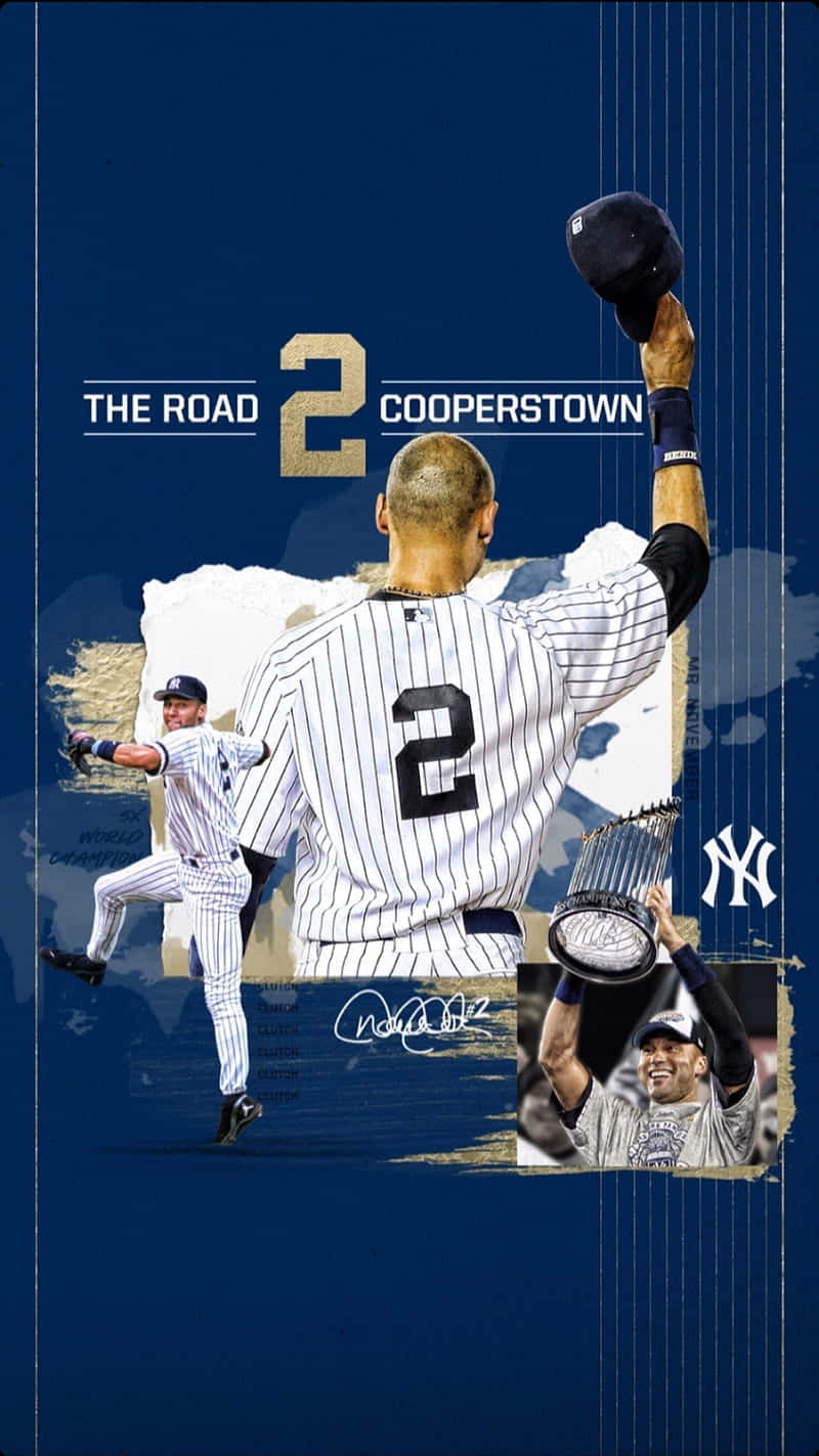 Derek Jeter 桌布 壁紙 — 向身穿洋基隊球衣的棒球傳奇人物 Derek Jeter 致敬的拼貼畫，他高舉球帽和獎盃慶祝。