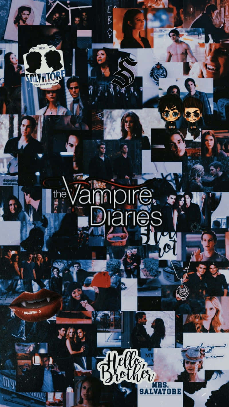 The Vampire Diaries iPhone 桌布 壁紙 — 《吸血鬼日記》暗色調角色照片的拼貼畫，上面覆蓋標誌和語錄。