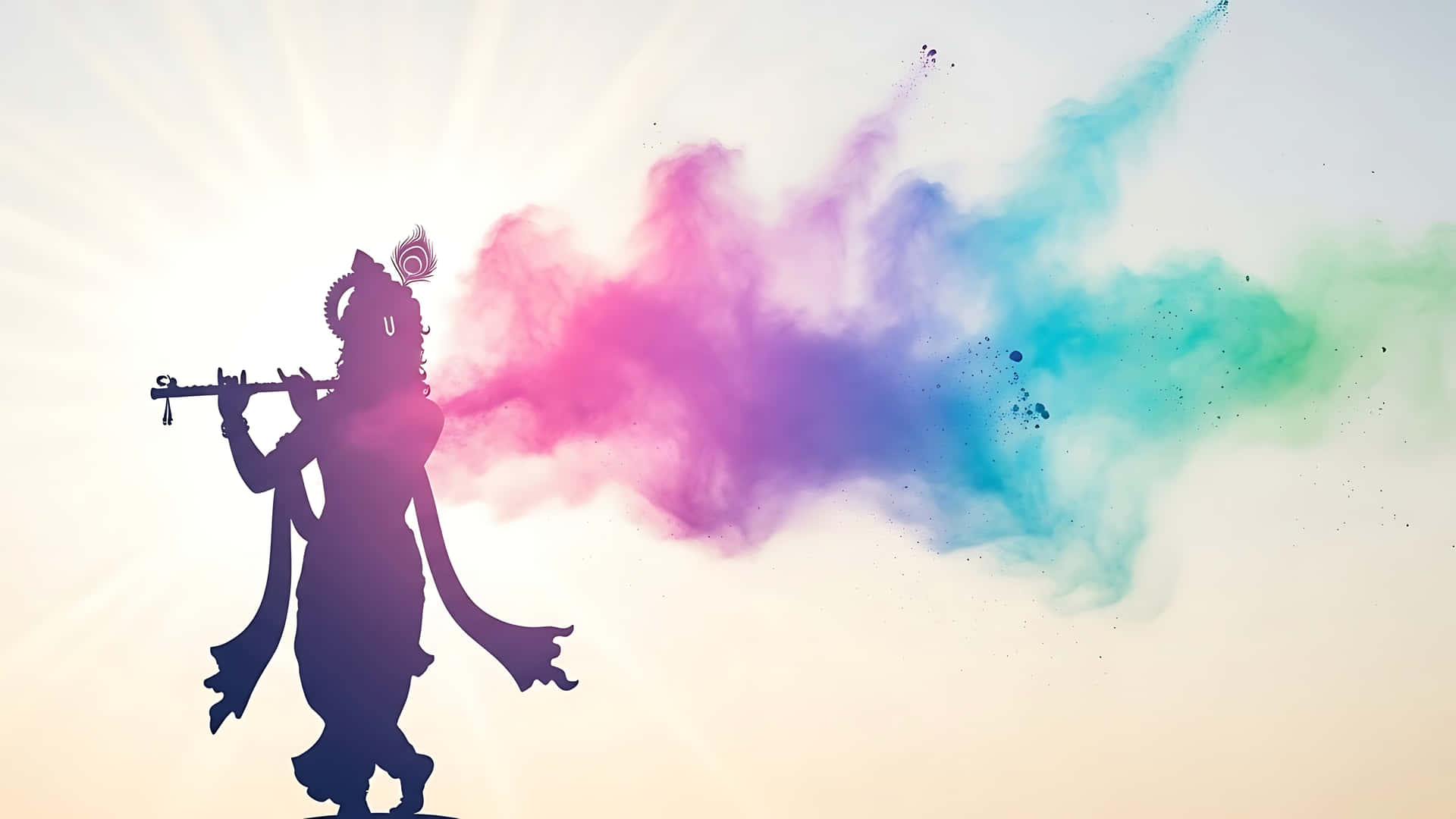 Silhouette of a mythical creature playing a flute with colorful smoke 壁紙 — 吹笛神祇的剪影，背景是光芒四射的天空，手中迸發出鮮豔的粉紅、藍色和綠色粉末。