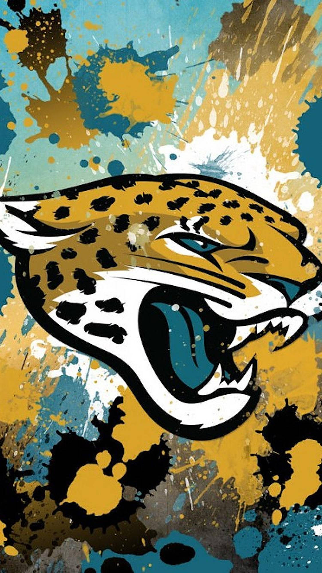 Jaguars 桌布 壁紙 — 咆哮的美洲虎頭部，以鮮明的黃色和藍綠色呈現，並帶有油漆飛濺效果，背景充滿動感。