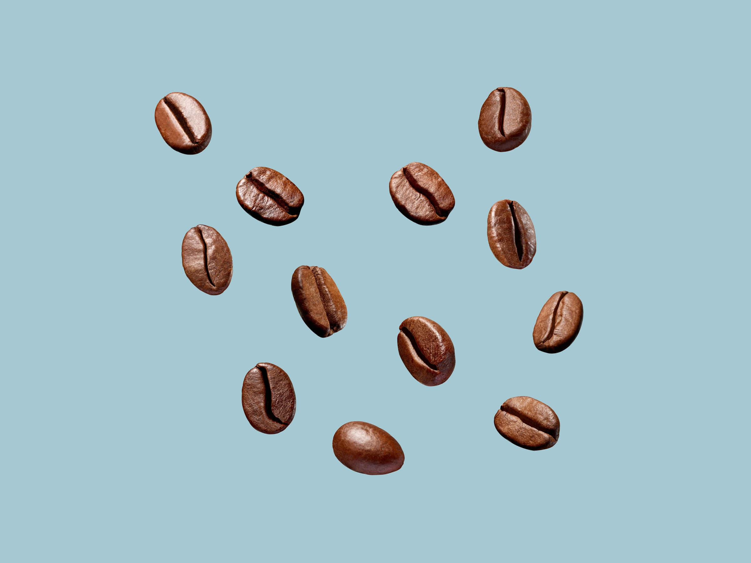 Coffee Beans 桌布 壁紙 — 咖啡豆在空中散開，背景是柔和的藍色，搭配乾淨的攝影棚燈光。