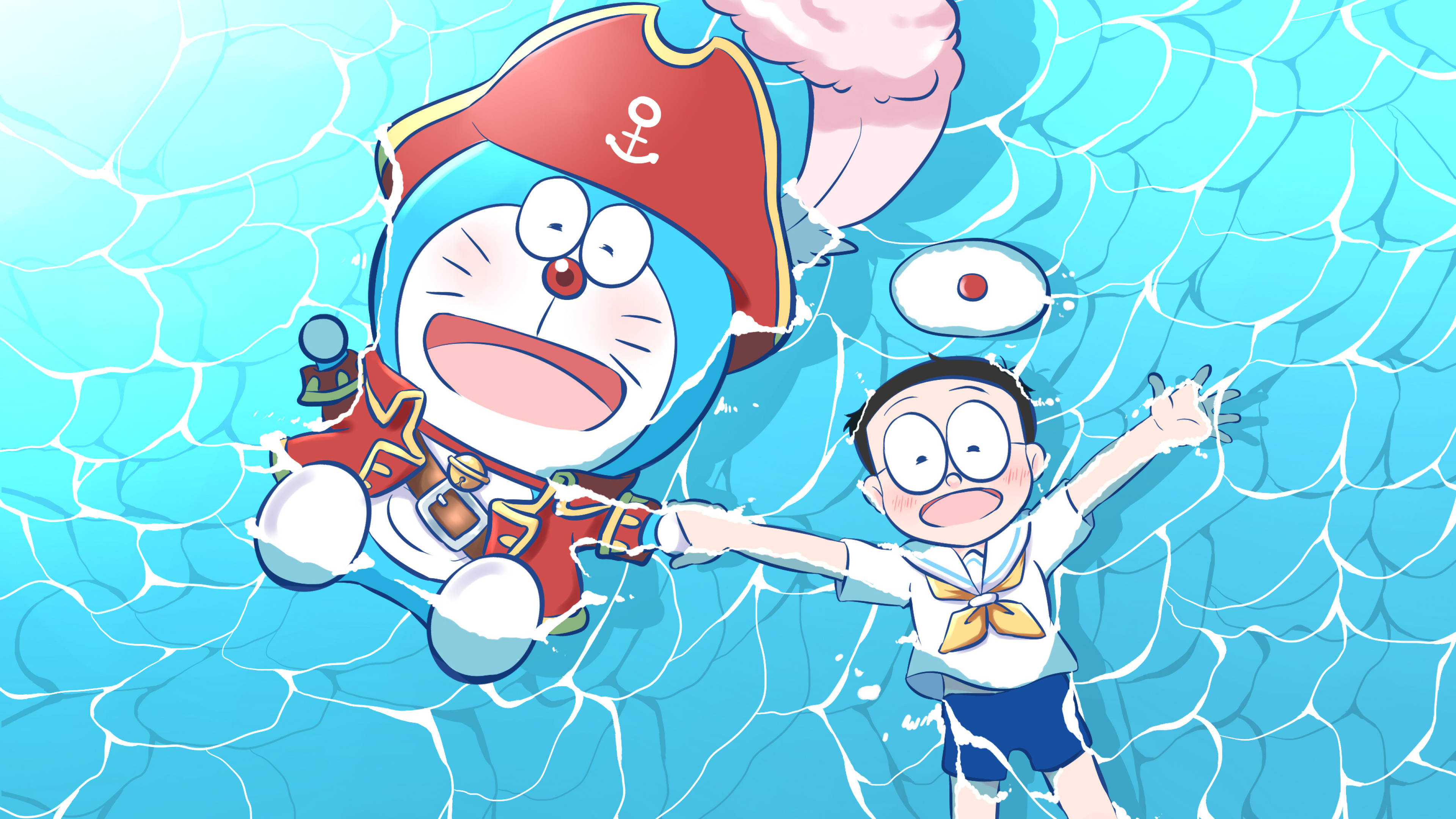 Doraemon 桌布 壁紙 — 哆啦A夢和一個穿著水手服的男孩在明亮的藍色泳池中，在漣漪波紋中歡快地在水下嬉戲。