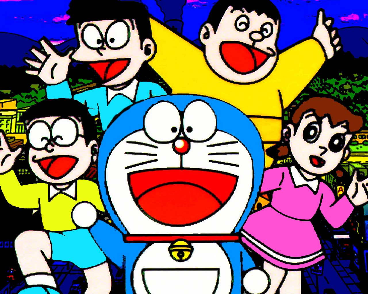 Doraemon And Nobita 桌布 壁紙 — 哆啦A夢和他的朋友們在充滿活力的卡通城市背景下，開心地擺出燦爛的笑容。