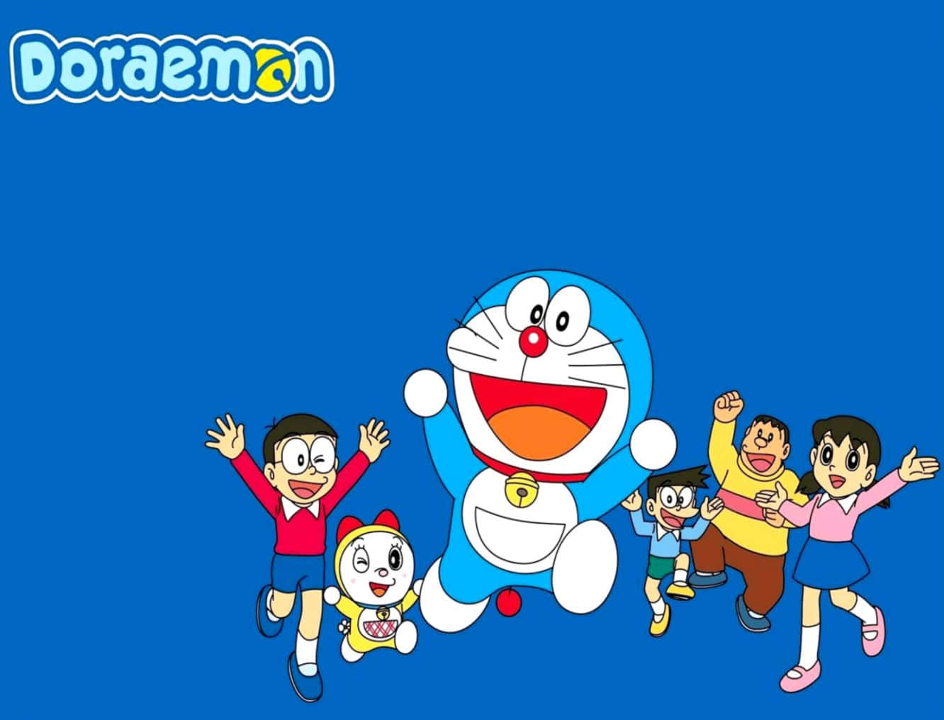 Doraemon 桌布 壁紙 — 哆啦A夢和他的朋友們在左上角有哆啦A夢標誌的純藍色背景上歡樂地跳躍。