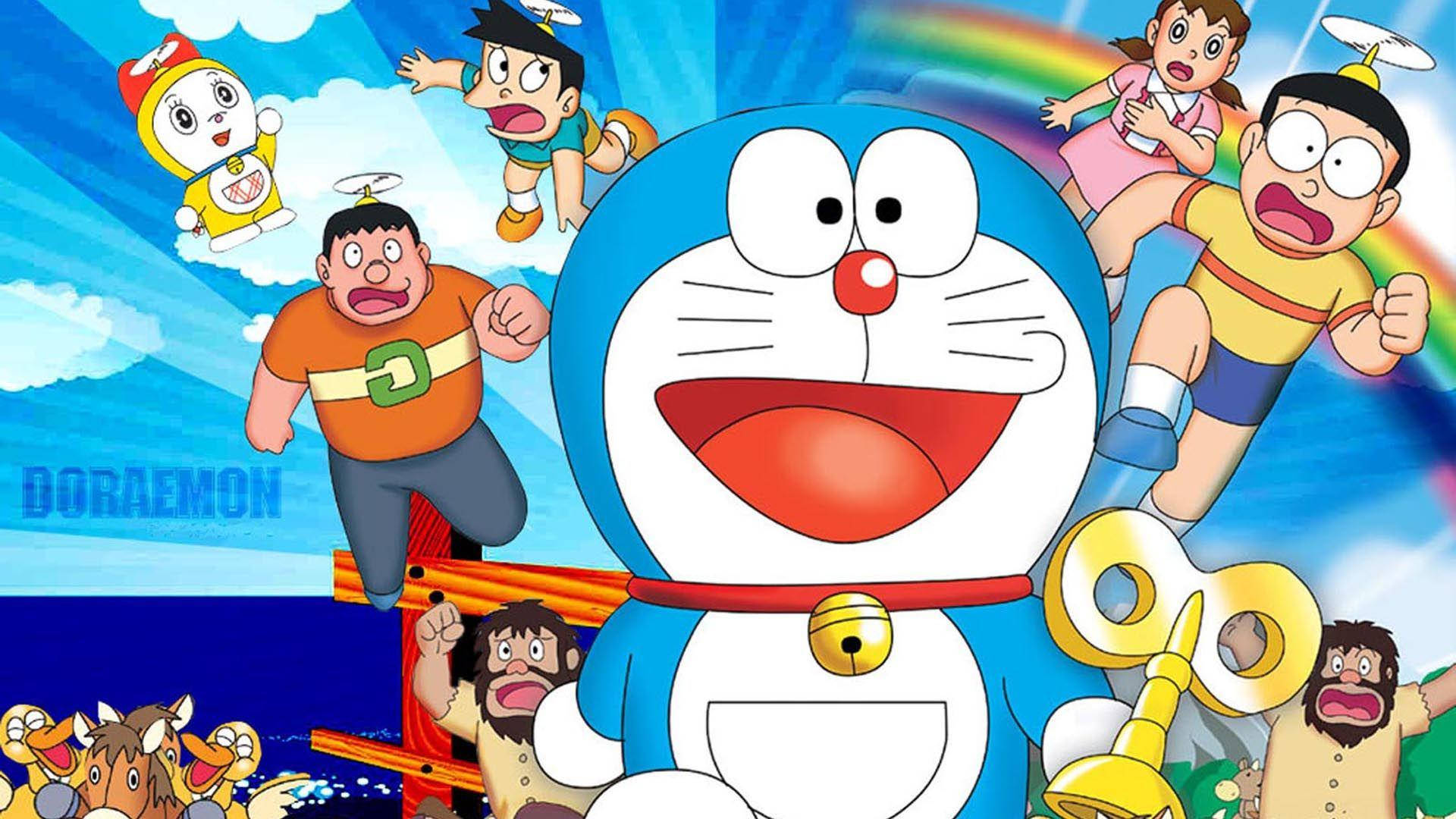 Doraemon And Nobita 桌布 壁紙 — 哆啦A夢和他的朋友們在彩虹背後歡快地跳躍過充滿活力的天空。